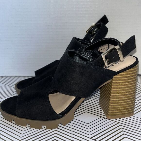 Ana Daly Heel Sandals Size 8 M Black Faux Suede Open Toe Buckle Chunky Y2K - Picture 4 of 11